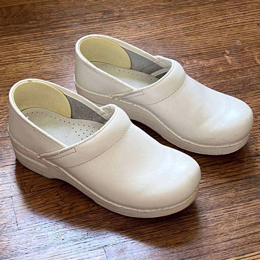 White Leather Dansko Clogs